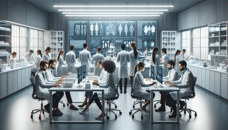 Equipo de emprendedores trabajando en un laboratorio de tecnología médica avanzada