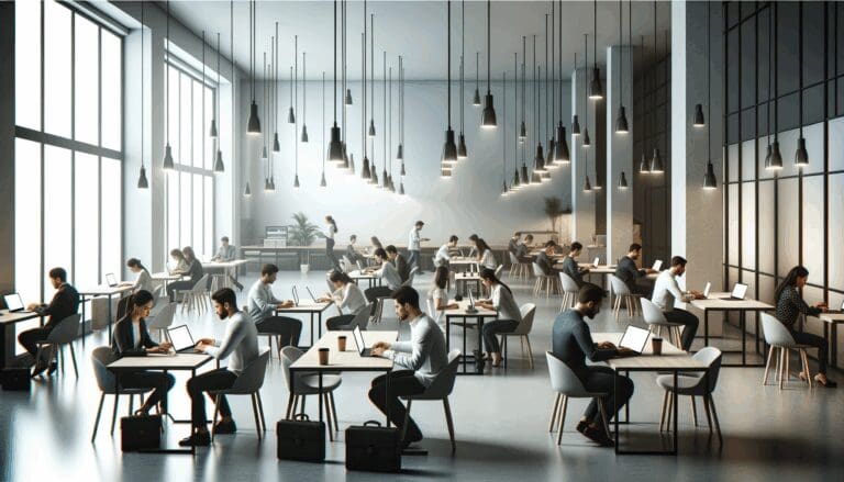 Espacio de coworking moderno con emprendedores trabajando en laptops