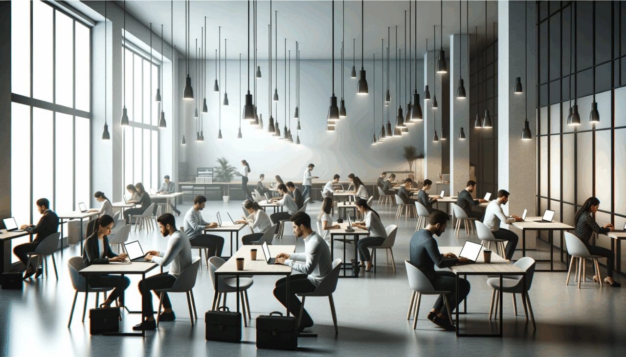 Espacio de coworking moderno con emprendedores trabajando en laptops