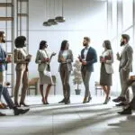 Grupo de emprendedores y ejecutivos conversando en un espacio colaborativo y moderno