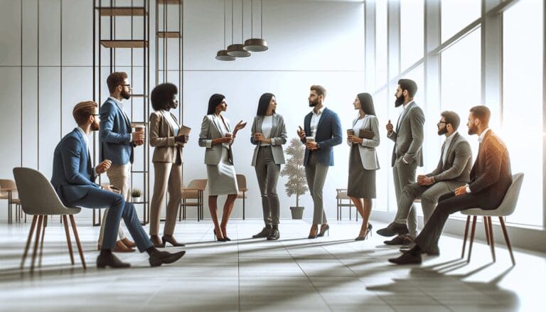 Grupo de emprendedores y ejecutivos conversando en un espacio colaborativo y moderno