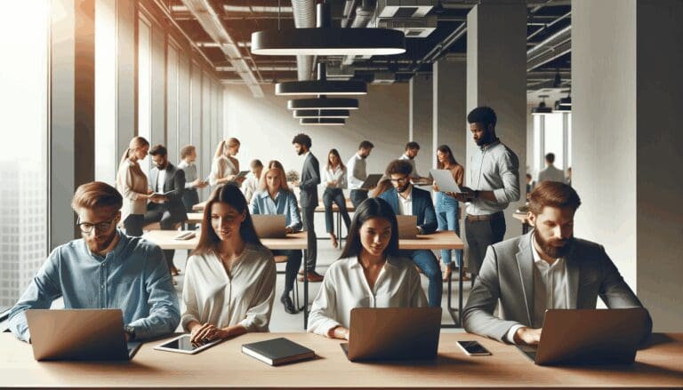 Emprendedores trabajando en laptops dentro de un moderno espacio de coworking