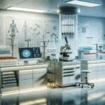 Primer plano de laboratorio médico con tubos de ensayo y equipo de biotecnología