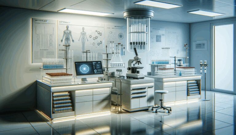 Primer plano de laboratorio médico con tubos de ensayo y equipo de biotecnología