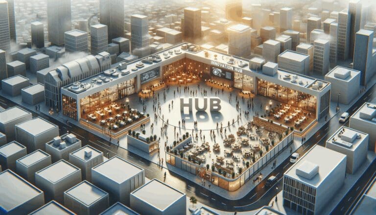 Vista aérea de un hub de innovación con startups y espacios colaborativos