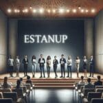 Jóvenes emprendedores presentando su startup en un auditorio corporativo moderno