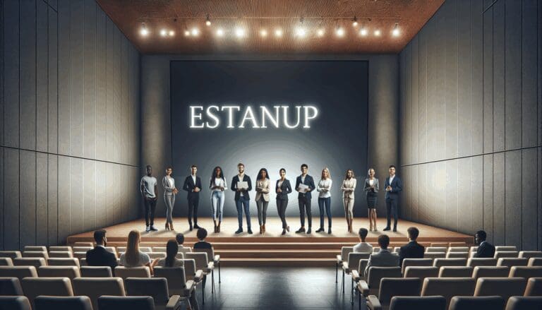 Jóvenes emprendedores presentando su startup en un auditorio corporativo moderno