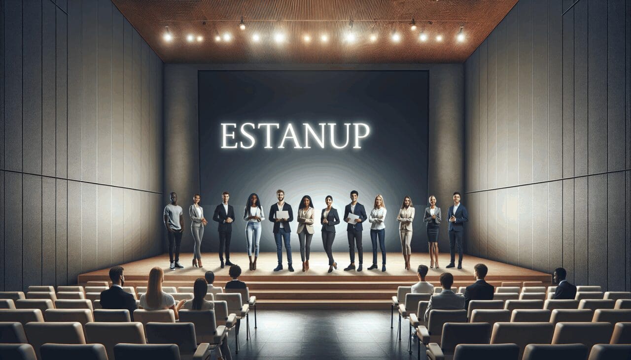Jóvenes emprendedores presentando su startup en un auditorio corporativo moderno
