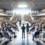 Vista panorámica de un evento de innovación con emprendedores y ejecutivos interactuando en un auditorio moderno