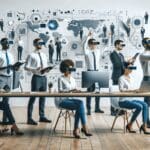 Equipo tecnológico trabajando con dispositivos de realidad aumentada en una sala moderna