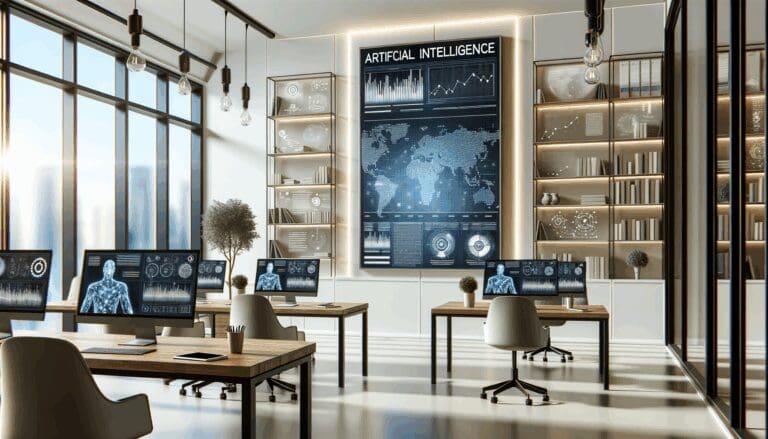 Oficina moderna con pantalla mostrando gráficos de inteligencia artificial