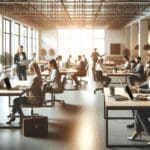 Espacio de coworking moderno con emprendedores trabajando en laptops