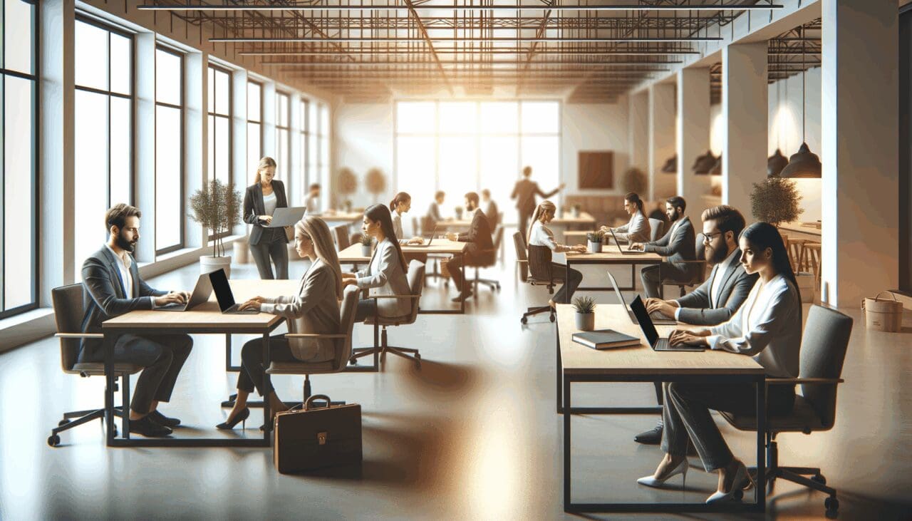 Espacio de coworking moderno con emprendedores trabajando en laptops