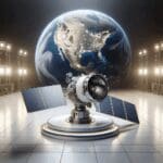 Satélite en órbita con la Tierra al fondo, en un entorno espacial limpio y tecnológico