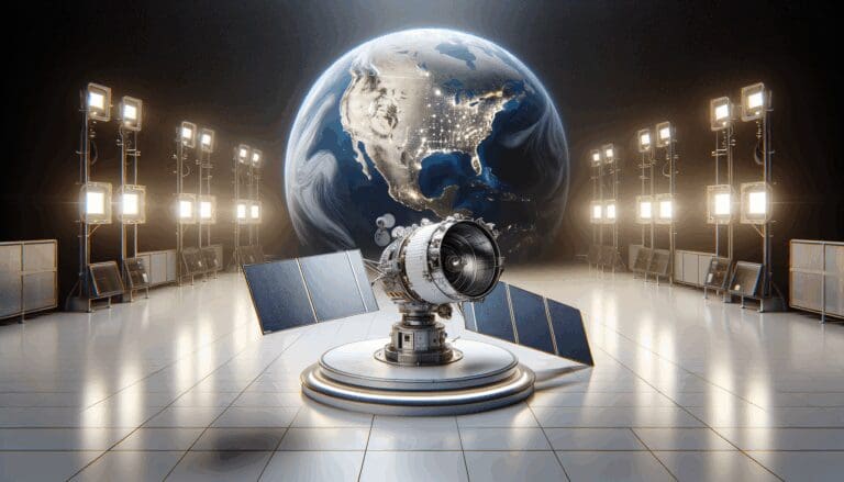 Satélite en órbita con la Tierra al fondo, en un entorno espacial limpio y tecnológico