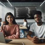 Dos jóvenes desarrolladores en una sala de reuniones moderna con laptops y pizarras digitales