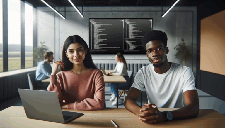 Dos jóvenes desarrolladores en una sala de reuniones moderna con laptops y pizarras digitales