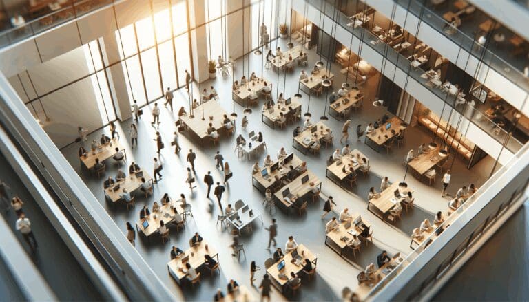 Vista aérea de un espacio de coworking moderno con emprendedores trabajando