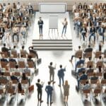 Vista aérea de emprendedores presentando sus startups en un auditorio moderno y luminoso