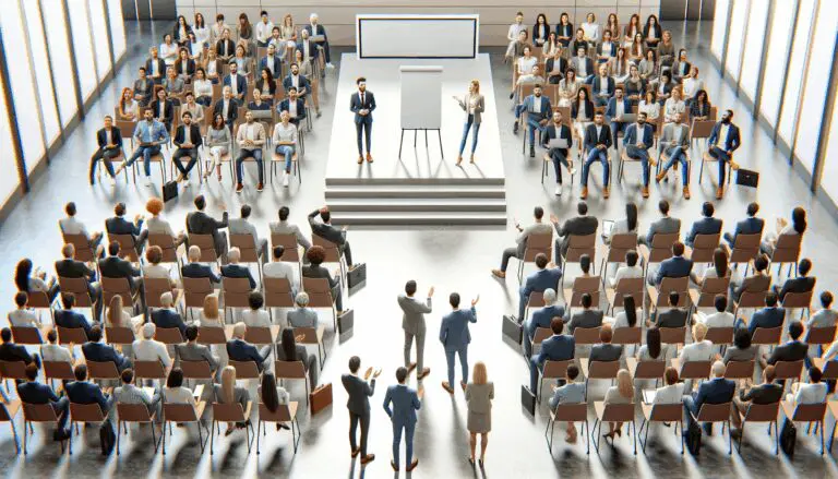 Vista aérea de emprendedores presentando sus startups en un auditorio moderno y luminoso