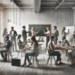 Equipo de emprendedores trabajando en una oficina moderna con laptops y pizarras