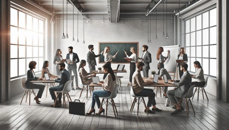 Equipo de emprendedores trabajando en una oficina moderna con laptops y pizarras