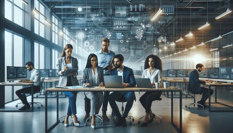 Emprendedores colaborando en un espacio moderno con tecnología de vanguardia.