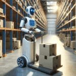 Robot autónomo en un almacén logístico industrial manejando paquetes