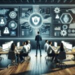 Equipo de una startup trabajando frente a pantallas con gráficos de ciberseguridad