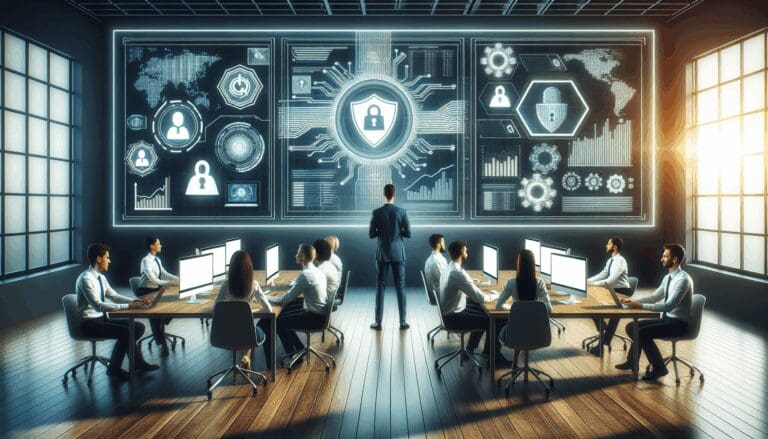 Equipo de una startup trabajando frente a pantallas con gráficos de ciberseguridad