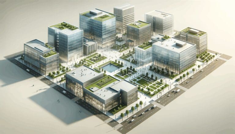 Vista aérea de un campus tecnológico moderno con edificios de cristal y zonas verdes