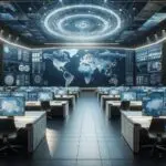 Oficinas modernas con pantallas que muestran mapas digitales y tecnología de defensa