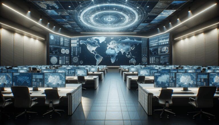 Oficinas modernas con pantallas que muestran mapas digitales y tecnología de defensa