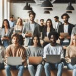 Emprendedores jóvenes trabajando en laptops en un espacio de coworking moderno