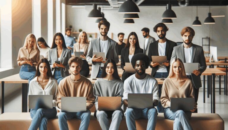 Emprendedores jóvenes trabajando en laptops en un espacio de coworking moderno