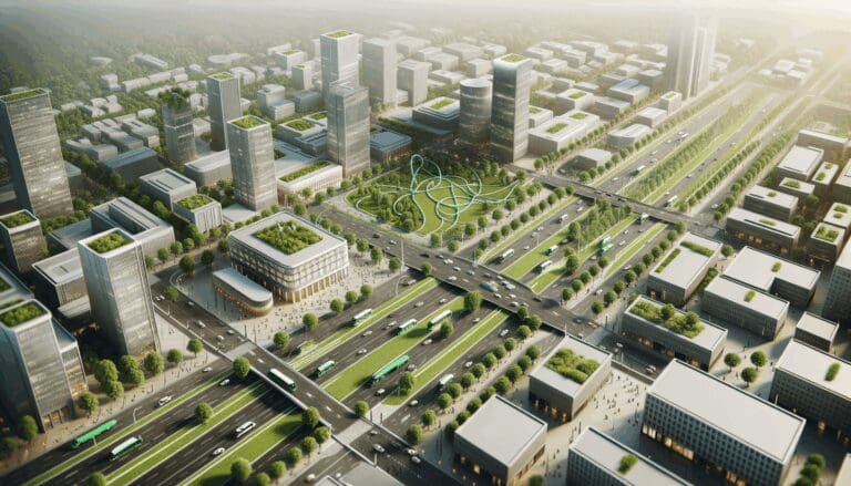 Vista aérea de una ciudad inteligente con espacios verdes y transporte eléctrico