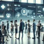 Personas conversando en un evento de tecnología en salud, con pantallas digitales de fondo