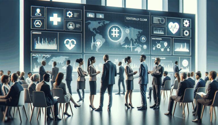 Personas conversando en un evento de tecnología en salud, con pantallas digitales de fondo