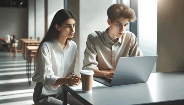 Dos jóvenes emprendedores trabajando en una laptop en un coworking moderno