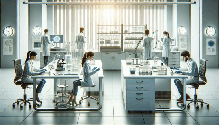 Laboratorio moderno con investigadores analizando muestras biotecnológicas