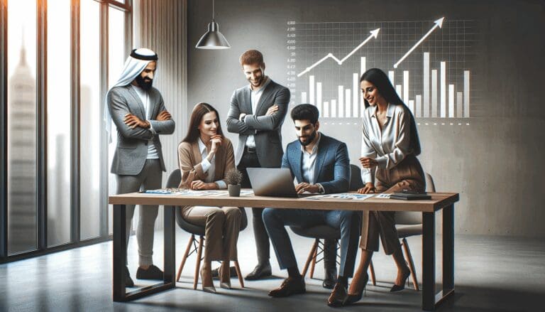Equipo de startup reunido en una sala moderna revisando gráficos de crecimiento en una laptop