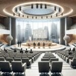 Auditorio moderno con startups presentando a inversionistas en un evento empresarial