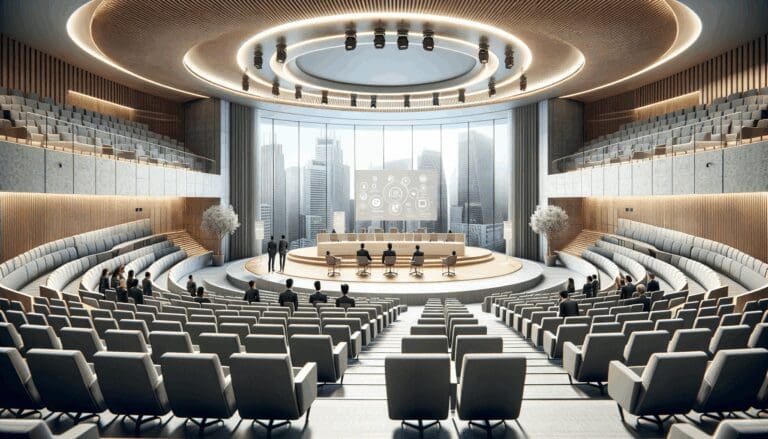 Auditorio moderno con startups presentando a inversionistas en un evento empresarial