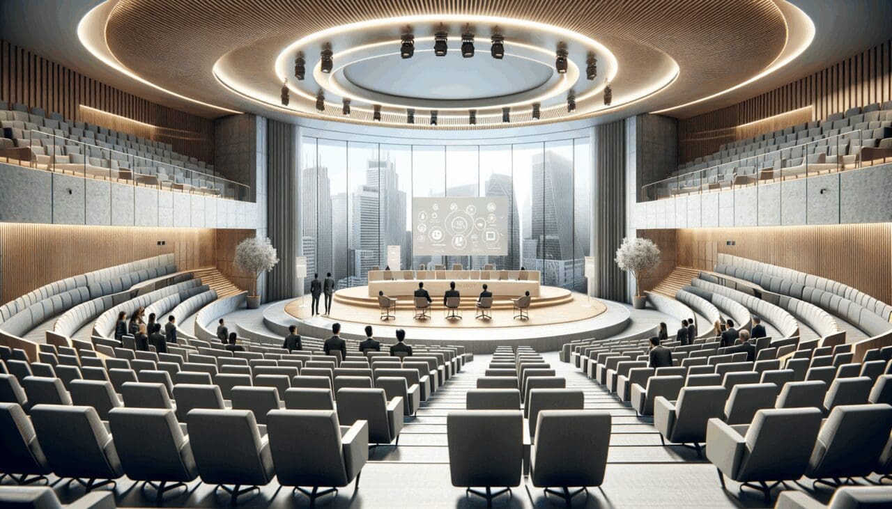 Auditorio moderno con startups presentando a inversionistas en un evento empresarial