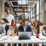 Jóvenes emprendedores en una presentación dentro de un hub tecnológico moderno