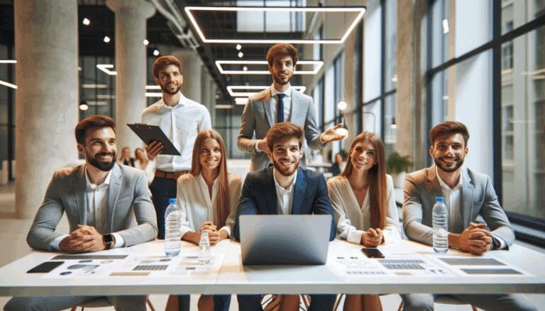 Jóvenes emprendedores en una presentación dentro de un hub tecnológico moderno