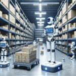 Robots autónomos operando en un almacén logístico moderno con estanterías y cajas