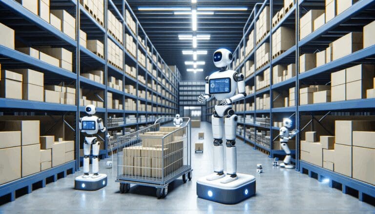 Robots autónomos operando en un almacén logístico moderno con estanterías y cajas