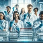 Laboratorio biotecnológico con investigadores analizando muestras en tubos de ensayo