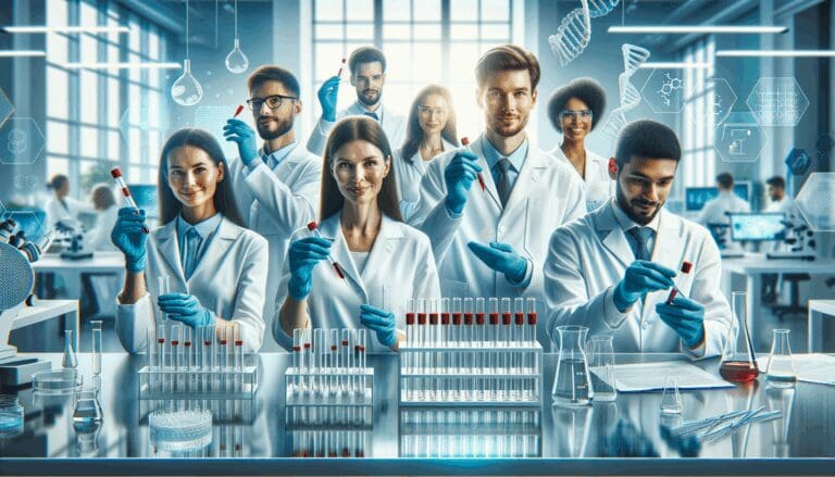 Laboratorio biotecnológico con investigadores analizando muestras en tubos de ensayo